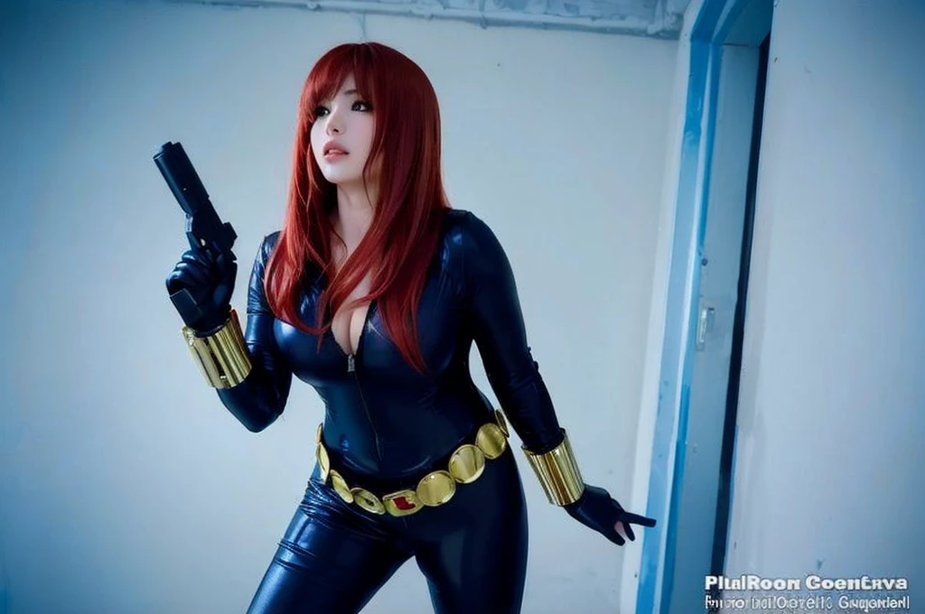 The image depicts a girl with red hair wearing a cosplay outfit. She's dressed in a sleek skin-tight shiny black latex bodysuit with a deep-cut zipper neckline revealing a large chest, accented with gold or yellow elements such as a wrist guard and a belt. She exhibits readiness and confidence, with her right hand holding a gun and her left hand either outstretched or in a defensive posture. Her body is slightly leaning forward against a plain backdrop of a white wall and a doorway.