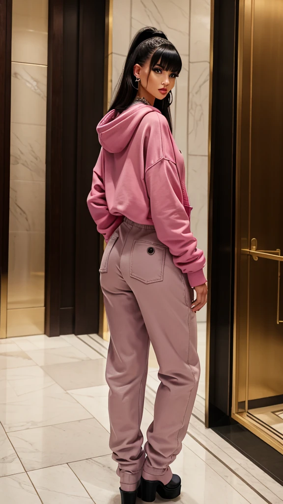 Alisha Lehmann skinny sexy model, black hair with Chinese bangs She is wearing an oversized pink sweatshirt hoodie with big oversized denim jacket street wear tendy wear hands in pockets and big baggy high waist oversized pink sweatpants se has small sexy breasts ankle boots heels sexy skinny thighs,full body view,luxuy hotel lobby hooves earrings, necklace chain,no tattoo walking , big hooves earrings, facing the camera full body view hands in pockets looking at the camera all fingers in the pocket oversized baggy pants