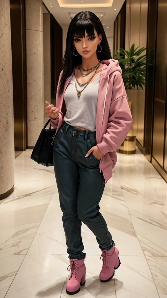 Alisha Lehmann skinny sexy model, black hair with Chinese bangs She is wearing an oversized pink sweatshirt hoodie with big oversized denim jacket street wear tendy wear hands in pockets and big baggy oversized pink sweatpants se has small sexy breasts ankle boots heels sexy skinny thighs,full body view,luxuy hotel lobby hooves earrings, necklace chain,no tattoo walking , big hooves earrings, facing the camera full body view hands in pockets all fingers in pockets oversized high waist baggy pants