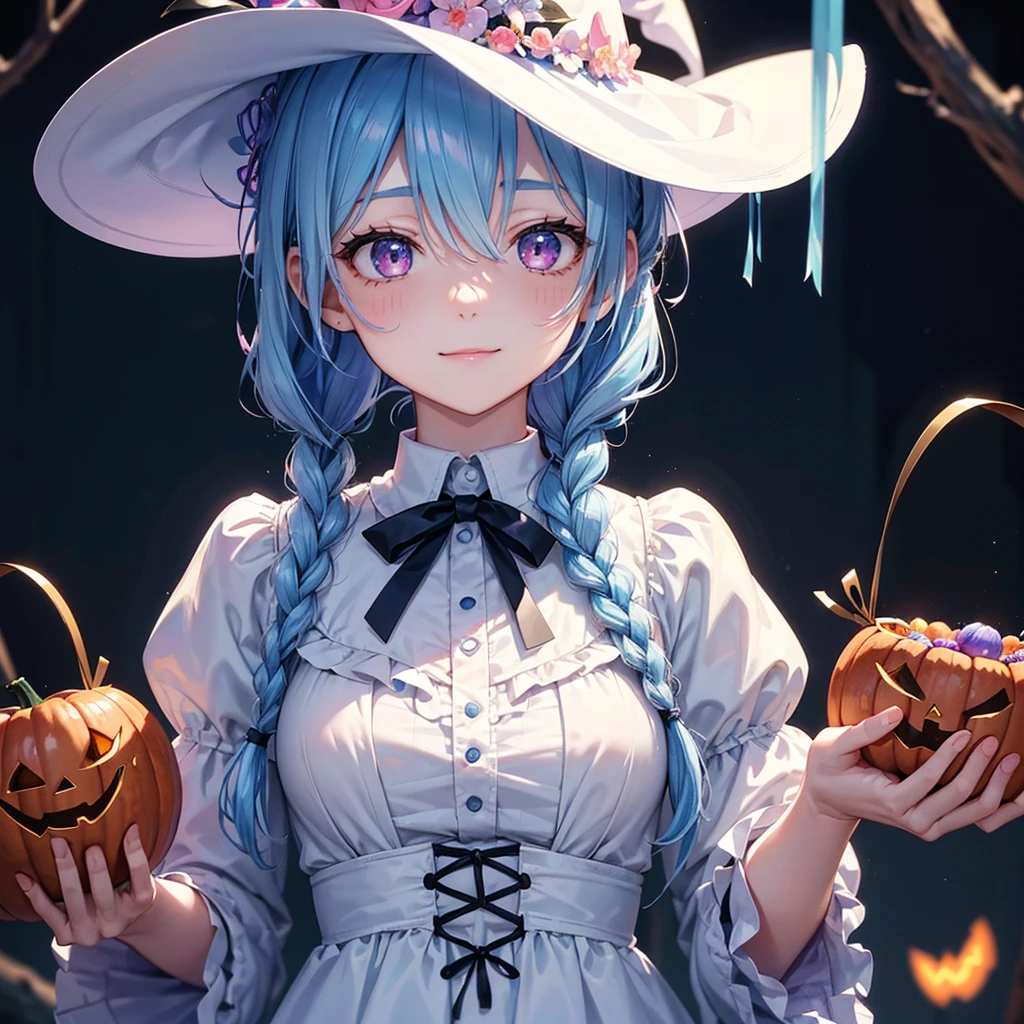 (Light blue medium hair),(Braided hair tied together)、Pink eyes、Fair skin、cowboy shot、Halloween、The background is a pumpkin ghost、Trick or Treat、A lot of sweets、witch、Halloweenナイトパーティー、Candy、Cosplay、A surprising smile、solo、(masterpiece、Highest quality、Very detailed、Best Shadow)、(Detailed Background)、(Beautifully detailed face)、High contrast、(Best lighting、Very delicate and beautiful)、(Cinematic Light)、colorful、Hyper Detail、Dramatic Light、Exquisite detail、