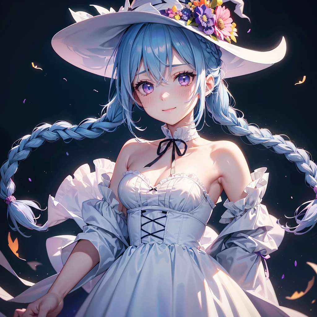 (Light blue medium hair),(Braided hair tied together)、Pink eyes、Fair skin、cowboy shot、Halloween、The background is a pumpkin ghost、Trick or Treat、A lot of sweets、witch、Halloweenナイトパーティー、Candy、Cosplay、A surprising smile、solo、(masterpiece、Highest quality、Very detailed、Best Shadow)、(Detailed Background)、(Beautifully detailed face)、High contrast、(Best lighting、Very delicate and beautiful)、(Cinematic Light)、colorful、Hyper Detail、Dramatic Light、Exquisite detail、