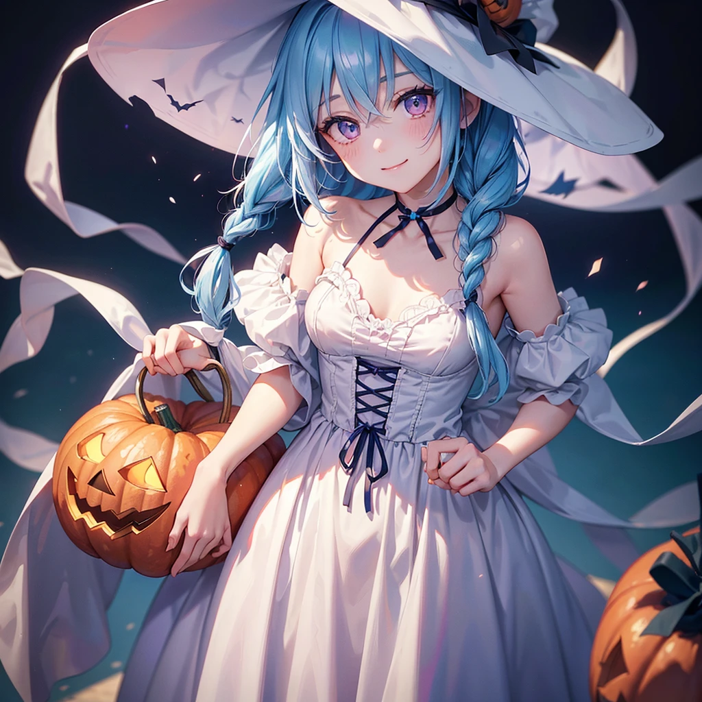 (Light blue medium hair),(Braided hair tied together)、Pink eyes、Fair skin、cowboy shot、Halloween、The background is a pumpkin ghost、Trick or Treat、A lot of sweets、witch、Halloweenナイトパーティー、Candy、Cosplay、A surprising smile、solo、(masterpiece、Highest quality、Very detailed、Best Shadow)、(Detailed Background)、(Beautifully detailed face)、High contrast、(Best lighting、Very delicate and beautiful)、(Cinematic Light)、colorful、Hyper Detail、Dramatic Light、Exquisite detail、