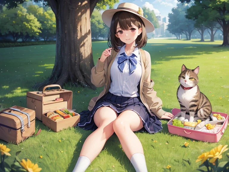 anegasaki nene、Shiny brown hair, short hair, (Beautiful brown eyes、Sparkling eyes, Fine grain)、smile、Ultra-detailed eyes、Highly detailed face, Highly detailed eyes,

(((超High resolution, retina, Highest quality, Super Detail, High resolution, 16K))), (((Anatomically correct))), 
Girl with cat, Anime Style, Fantasy, Soft Light, On the grass in the park, Sandwiches and salad on a picnic sheet, Long sleeve pastel cardigan, Long skirt and flowered hat, A cat sitting quietly on her feet