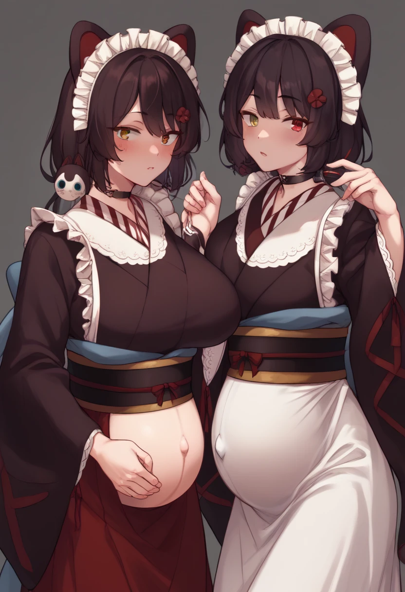 choker, maid headdress, NUDE、 black kimono, wide sleeves, frills, obi, white apron, sleeves past wrists, skirt, red skirt,
Huge breasts、Staring at a huge penis、Surprised、blush、Upper body only、Erect penis、Pregnant women、Handjob