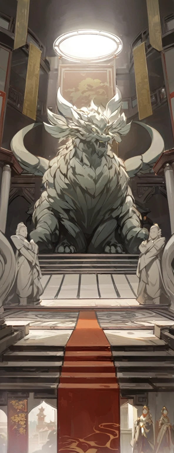 Comic scene,The grand Chinese palace,Chinese Architecture,There is a monster statue in the middle,There are four pillars next to it,Light and Shadow,Atmosphere,Beautiful scene wallpaper