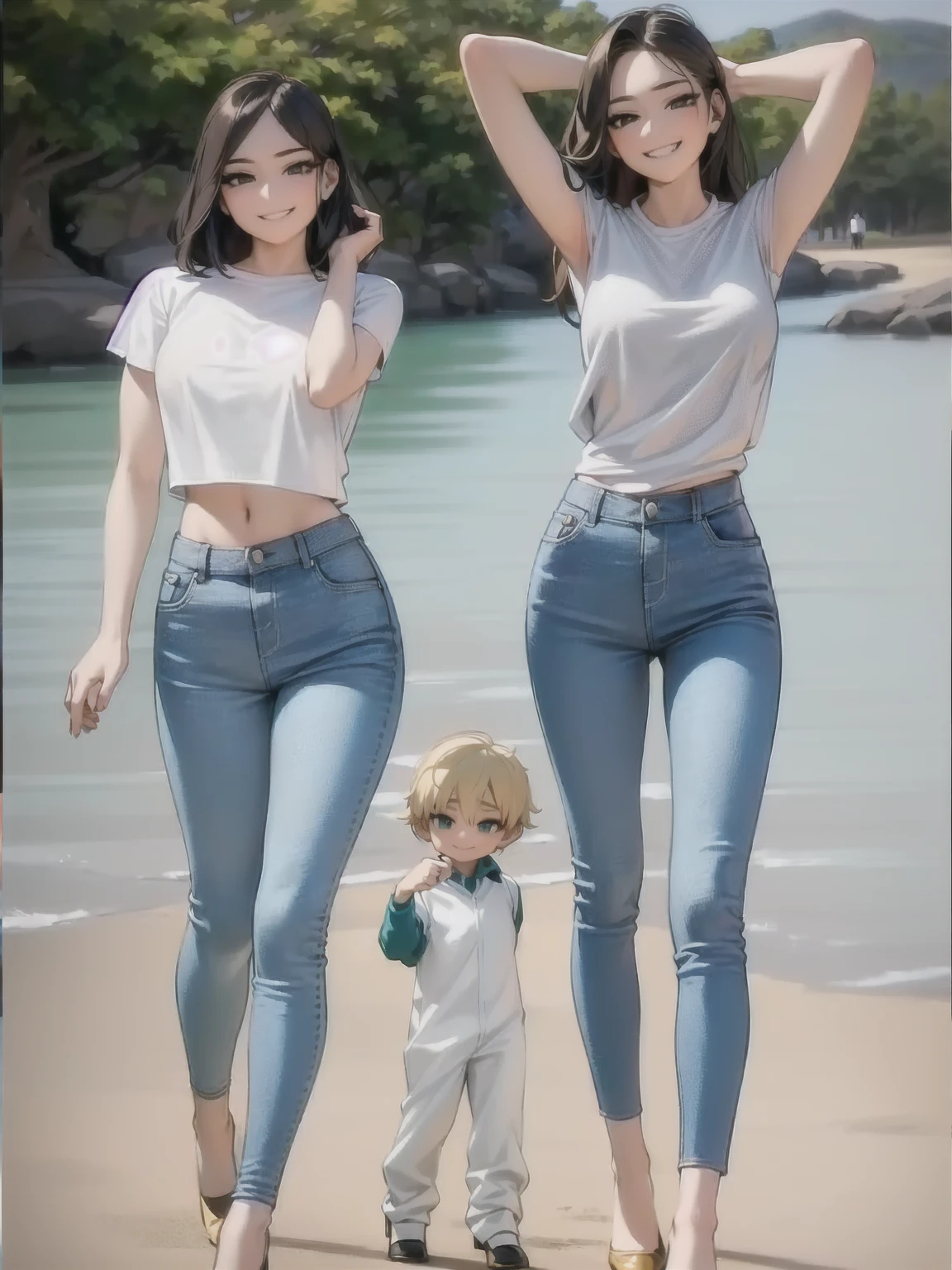 two sexy women looking down at boy with blonde hair, seductive smiles, portrait, various hair