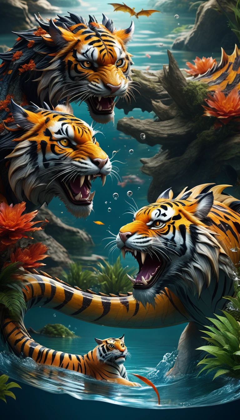 Panorama，Dragon and tiger combination creature in water(best quality，4K，8k，High level，masterpiece：1.2），Ultra Detailed，（lifelike，Photo real，Photo real：1.37），Highly detailed animals，Complex patterns，Realistic lighting，Fantasy Creatures