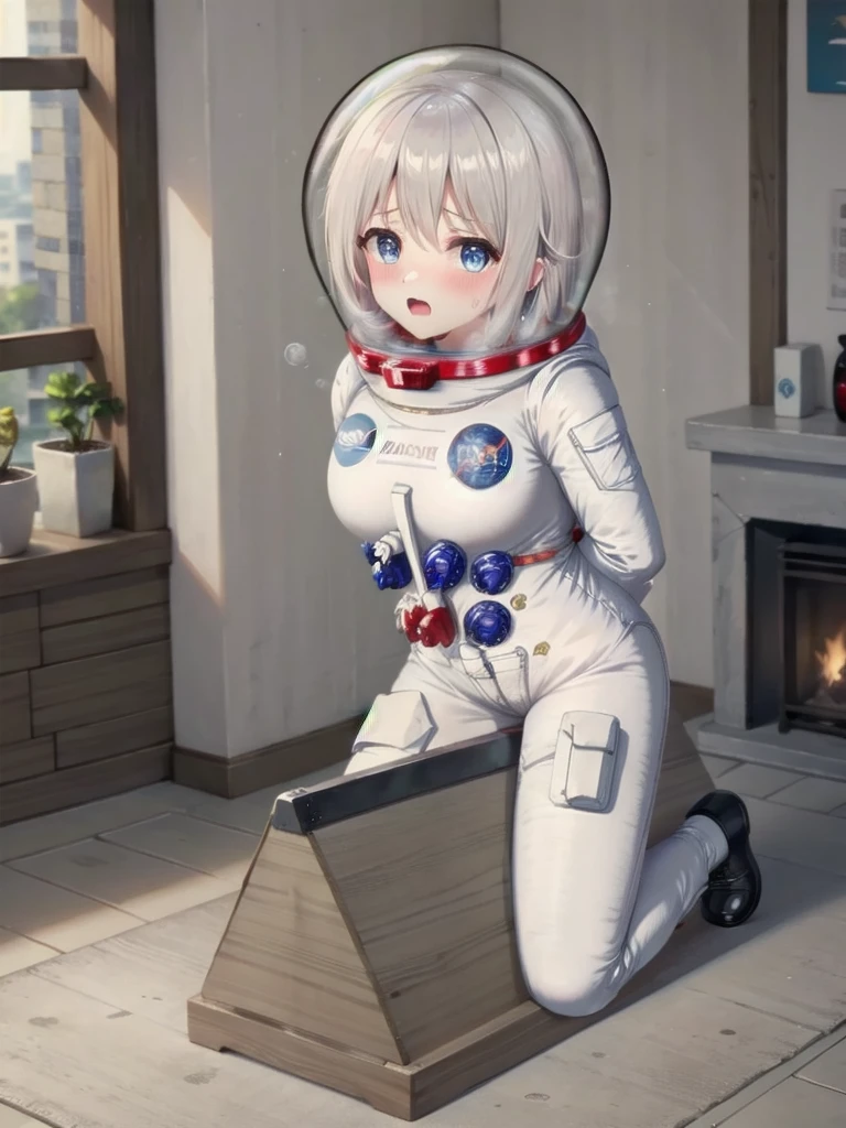 whb, large breasts, white hair, blue eyes, female focus, full body,  sweat, trembling,space suit, space helmet, bubble helmet, (room:1.7), bondage