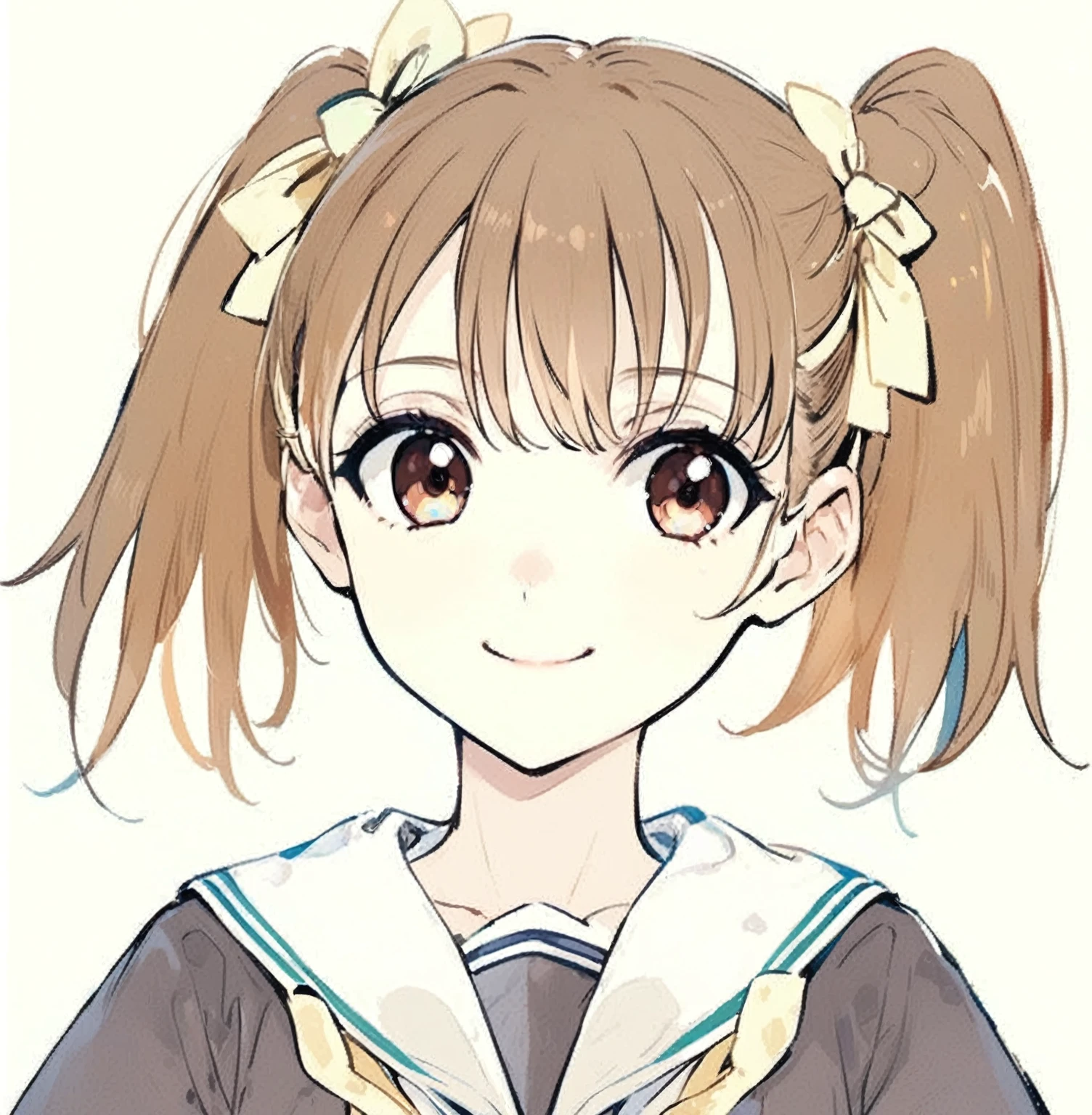 ((masterpiece)), ((Highest quality)), (smile), Anime Girls with ponytails and a sailor outfit with a bow, Cute girl anime visuals, 茶髪でTwin tailsの女子高生, Cream colored ribbon, Twin tails, portrait of an Anime Girls, Gray Sailor Suit, portrait of cute Anime Girls, Anime Best Girl, (Anime Girls), White sailor collar, Official artwork, cute Anime Girls portraits, ((Ultra-high resolution)), (Super detailed)
