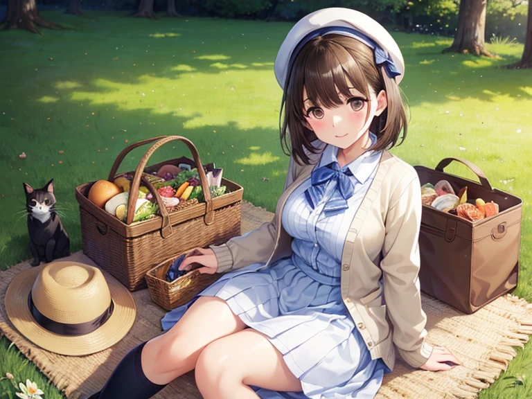anegasaki nene、Shiny brown hair, short hair, (Beautiful brown eyes、Sparkling eyes, Fine grain)、smile、Ultra-detailed eyes、Highly detailed face, Highly detailed eyes,

(((超High resolution, retina, Highest quality, Super Detail, High resolution, 16K))), (((Anatomically correct))), 
Girl with cat, Anime Style, Fantasy, Soft Light, On the grass in the park, Sandwiches and salad on a picnic sheet, Long sleeve pastel cardigan, Long skirt and flowered hat, A cat sitting quietly on her feet