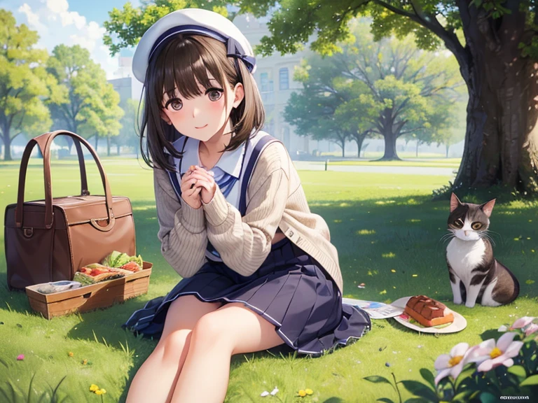 anegasaki nene、Shiny brown hair, short hair, (Beautiful brown eyes、Sparkling eyes, Fine grain)、smile、Ultra-detailed eyes、Highly detailed face, Highly detailed eyes,

(((超High resolution, retina, Highest quality, Super Detail, High resolution, 16K))), (((Anatomically correct))), 
Girl with cat, Anime Style, Fantasy, Soft Light, On the grass in the park, Sandwiches and salad on a picnic sheet, Long sleeve pastel cardigan, Long skirt and flowered hat, A cat sitting quietly on her feet