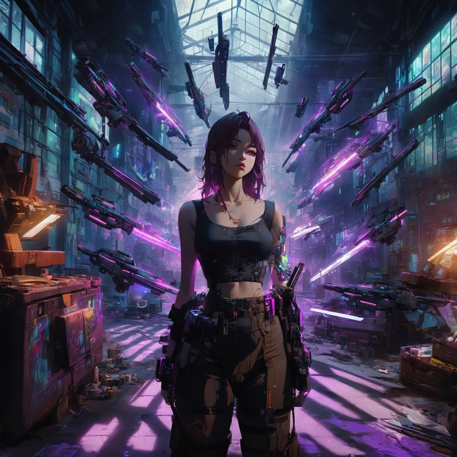 a woman standing in a warehouse with guns and a purple light, cyberpunk vibes, muted cyberpunk style, cyberpunk art style, hyper-realistic cyberpunk style, cyberpunk vibe, in cyberpunk style, cyberpunk with neon lighting, aesthetic cyberpunk, like a cyberpunk workshop, cyberpunk style, in cyberpunk aesthetic, in a cyberpunk setting, cyberpunk artstyle, cyberpunk look, advanced digital cyberpunk art, (nude:0.8), detailed gorgeous face| anime style| key visual| intricate detail| highly detailed| breathtaking| vibrant| panoramic| cinematic| Carne Griffiths| Conrad Roset| gibbli 8k
