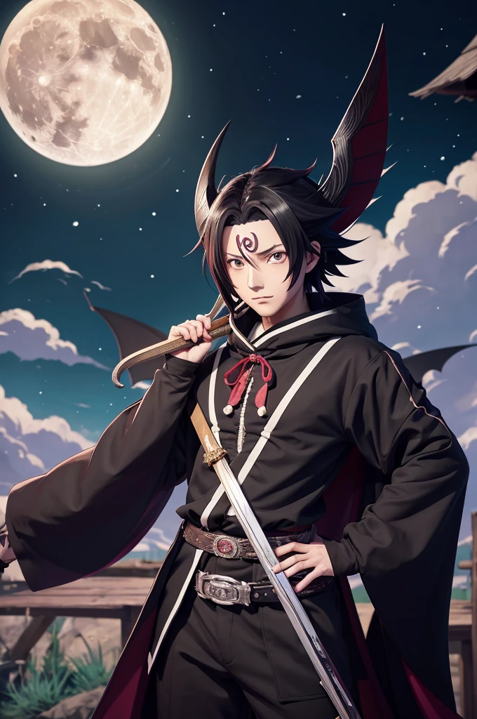 Anime character posing with full body against the background of a full moon, Kimetsu no Yaiba, Demon slayer artstyle, Demon slayer, Demon slayer rui fanart, 8k!!, 8k!, handsome guy in Demon slayer art, Official Anime Artwork, Official Art, 2 0 2 1 Anime, Also, tanjiro kamado, anime key art