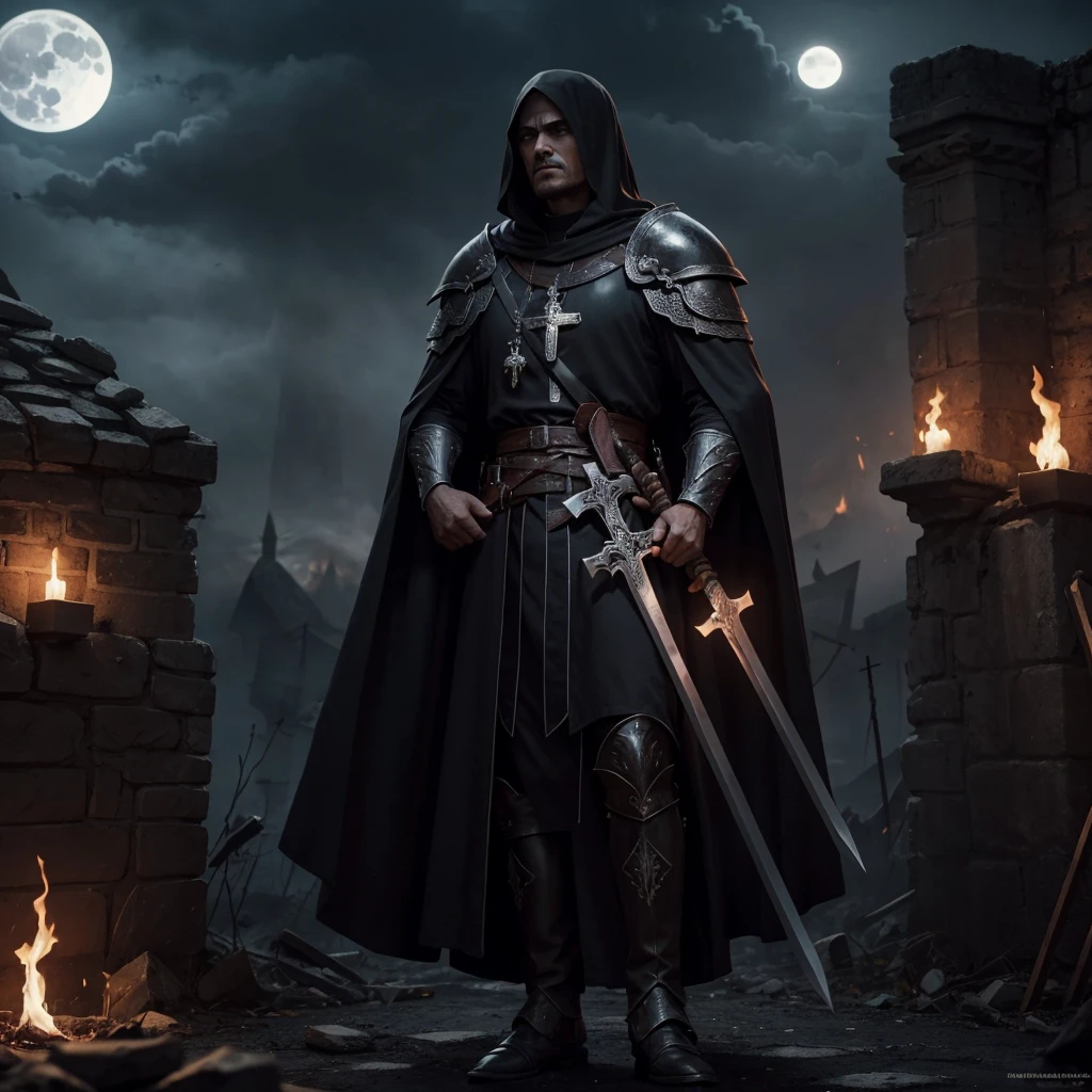 Background:
Evening in front of an ancient and ruined European castle.
A bright full moon illuminates the sky, creates a scary shadow around.
war:
In the middle of the battlefield, there is a team of people who are fighting hard.
The knight in armor swung his sword, wajahnya penuh determination.
The priest held a cross and shouted a prayer of protection.
The elemental mage casts a spell, controls the elements of fire and wind.
On the other hand, the horrifying forces of the undead advanced.
Hundreds of bodies were bleeding and injured, led by a necromancer.
Necromancers wear black robes, his eyes radiated darkness.
A mist of smoke and blood surrounded them, creates a tense atmosphere.
Other Details:
Each character's facial expressions are very detailed: afraid, determination, and despair.
Their costumes reflect the middle ages with engraved cross emblems.
Leather, Hair, and their eyes are very realistic.
Harmonious light and shadow highlight each element.
UHD. Full angle view all the scene.