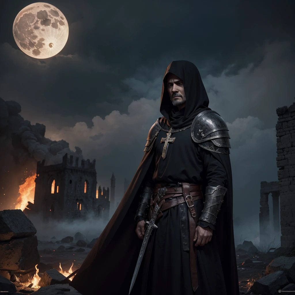 Background:
Evening in front of an ancient and ruined European castle.
A bright full moon illuminates the sky, creates a scary shadow around.
war:
In the middle of the battlefield, there is a team of people who are fighting hard.
The knight in armor swung his sword, wajahnya penuh determination.
The priest held a cross and shouted a prayer of protection.
The elemental mage casts a spell, controls the elements of fire and wind.
On the other hand, the horrifying forces of the undead advanced.
Hundreds of bodies were bleeding and injured, led by a necromancer.
Necromancers wear black robes, his eyes radiated darkness.
A mist of smoke and blood surrounded them, creates a tense atmosphere.
Other Details:
Each character's facial expressions are very detailed: afraid, determination, and despair.
Their costumes reflect the middle ages with engraved cross emblems.
Leather, Hair, and their eyes are very realistic.
Harmonious light and shadow highlight each element.
UHD. Full angle view all the scene.