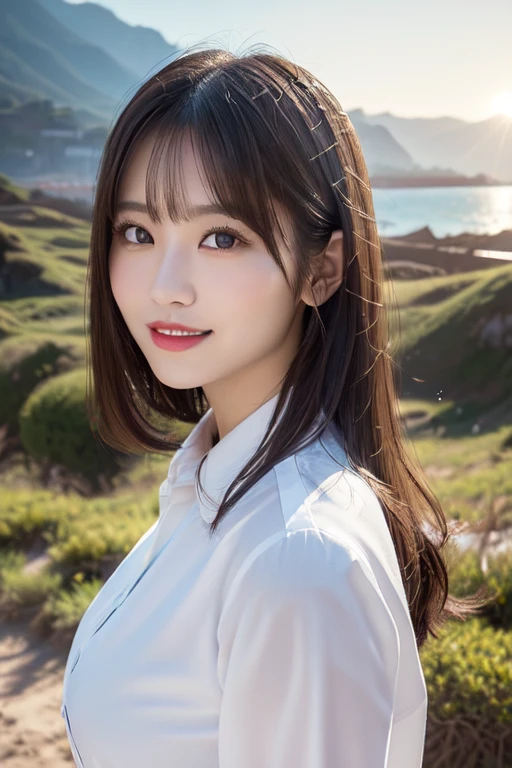 (a very detailed woman in an oversized white collared shirt, with a full body shot, complex and beautiful eyes, a feminine hairstyle, natural colored lips, big breasts, posing in a valley with an ocean backdrop, giving a bold and sexy smile, a young adorable japanese face in an official art style, highly detailed CG Unity 8k wallpaper, (masterpiece:1.0),(highest quality:1.0), super A high resolution, 4K, super detailed, photo shoot, 8k, nffsw, high resolution, kodak portrait 400, film grain, lens flare glow, highest quality, 8k, nffsw:1.2, portrait shot, 8k)
