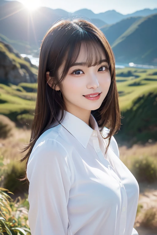 (a very detailed woman in an oversized white collared shirt, with a full body shot, complex and beautiful eyes, a feminine hairstyle, natural colored lips, big breasts, posing in a valley with an ocean backdrop, giving a bold and sexy smile, a young adorable japanese face in an official art style, highly detailed CG Unity 8k wallpaper, (masterpiece:1.0),(highest quality:1.0), super A high resolution, 4K, super detailed, photo shoot, 8k, nffsw, high resolution, kodak portrait 400, film grain, lens flare glow, highest quality, 8k, nffsw:1.2, portrait shot, 8k)