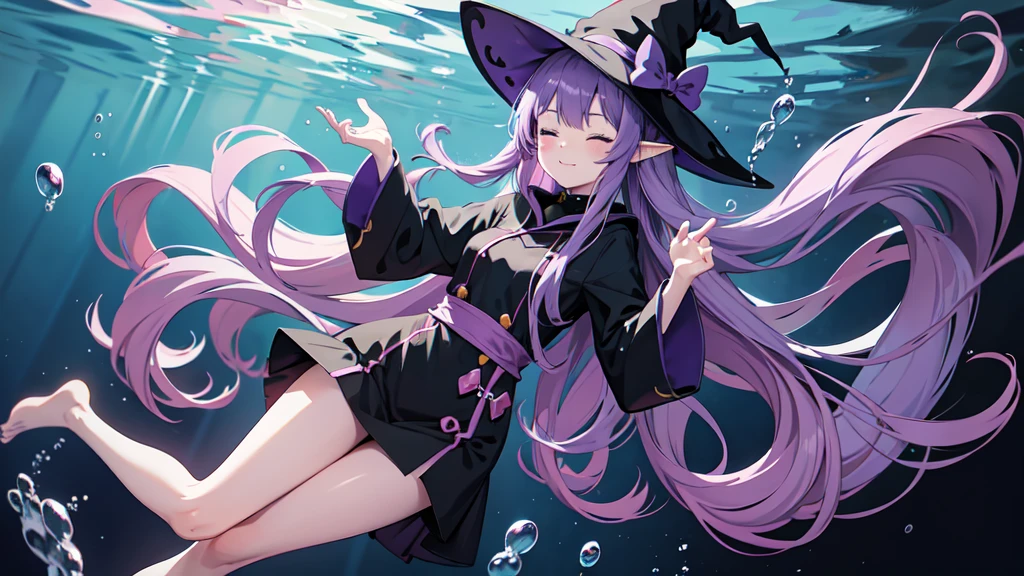 Anime girl. Long purple hair and black robe. Pointy ears. Witch hat. Cute cartoon. Illustration, one. Full body. High . Floating in water. Deep underwater. Underwater. Eyes closed.