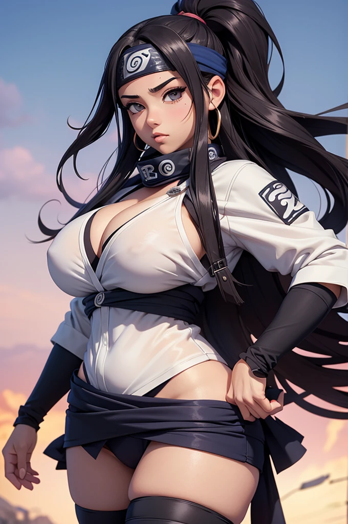 A girl , black eyes, big hair, sexy clothes, huge breasts, thick thighs, beautiful face, best resolution, detail, best quality, best resolution,sexy clothes covering private parts ,Hinata Hyuuga's blue and white clothes from Naruto Shippuuden, with Naruto's bandana on her forehead 