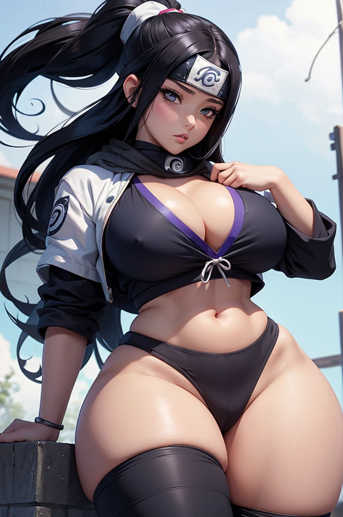 A girl , black eyes, big hair, sexy clothes, huge breasts, thick thighs, beautiful face, best resolution, detail, best quality, best resolution,sexy clothes covering private parts ,Hinata Hyuuga's blue and white clothes from Naruto Shippuuden, with Naruto's bandana on her forehead 