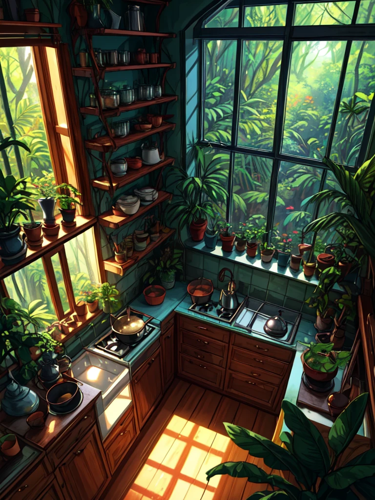 super wide perspective, an indoor view of beautiful indo kitchen, forest visible from window, ghibli anime scene, pots with tropical leafy plants, shelf, organiser, sunrays falling on table, utensils, refrigerator, shadows, cinematic color tones, subtle light, vibrant color tones, ghibli style, no humans, scenery, masterpiece, high resolution 