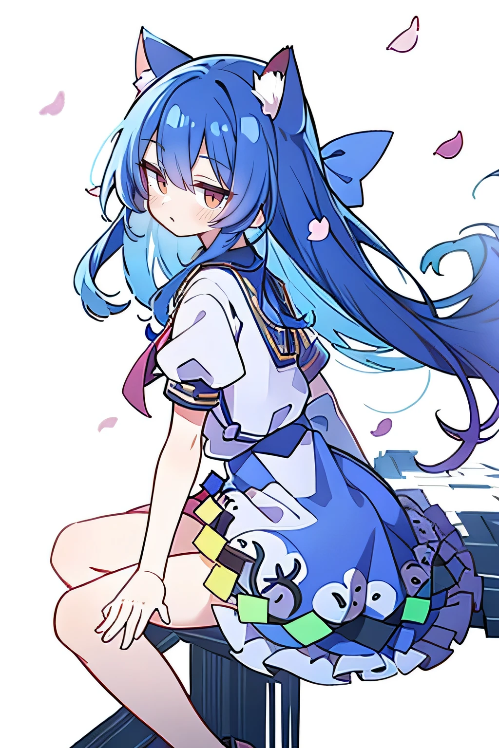 （masterpiece：1.2），Super detailed，lifelike，Expressive eyes，fair skin，perfect face shape，1 girl，
Japanese comics,Gorgeous blue hair,flowing blue hair,flowing clothes,Cat ears,Petals fall,beautiful lola,Baby Angel,
Shaking head with one hand，Cross your legs，，The pavilion is cool and comfortable,smile,back views,sunrise,Petals fall