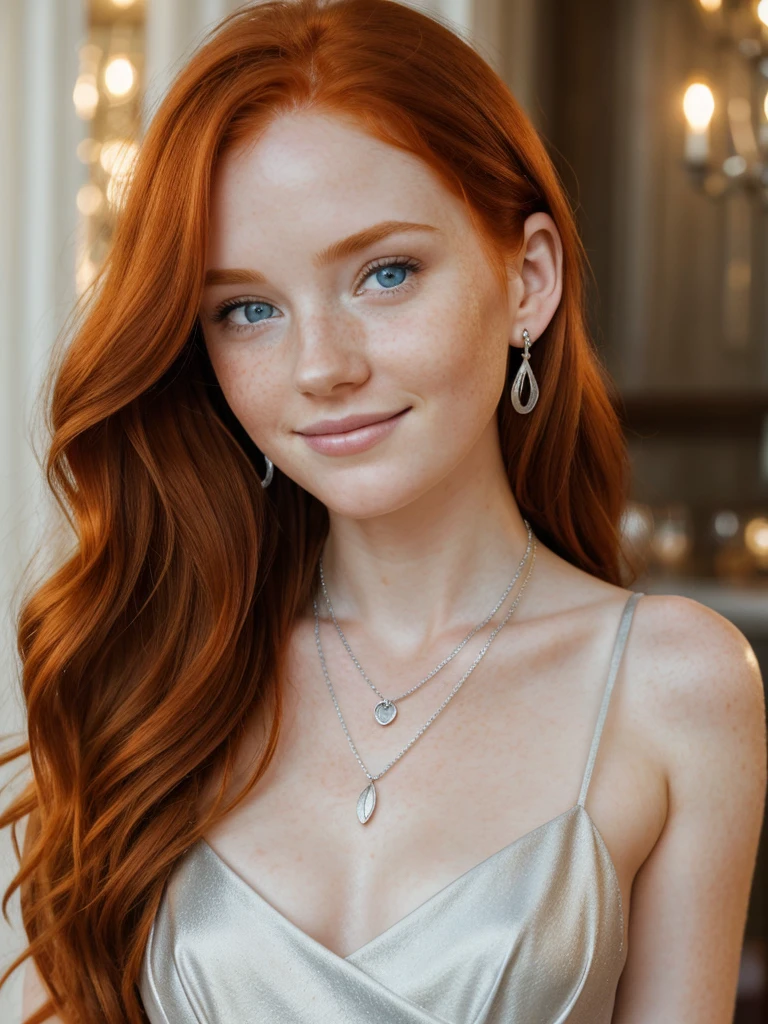 A happy and beautiful photo of the most beautiful redhead young woman, natural beauty, no makeup with pale skin, long wavy rich ginger hair, blue eyes, hollow cheeks, freckles on face and body, wearing a beautiful elegant silver dress, silver catholic necklace, silver earrings, silver female watch, in a fancy restaurant at sunset, Blurry background (Ultra details, High Quality)