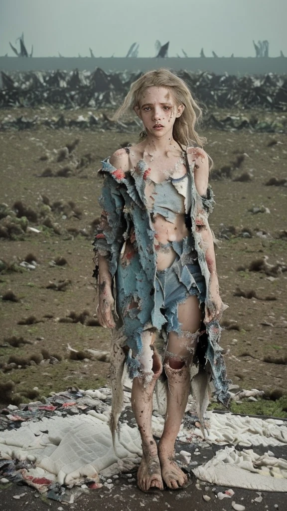 War ruins, (Pale girl:1.4), (standing on the edge of death:1.5), ((In tattered and tattered clothes:1.4, Dirty body:1.4)), beautiful girl, Young face, Highest quality, 8ก, Masterpiece, (Detailed eyes and face:1.3), (detailed hands), Professional photography techniques, movie theater lighting, (tears from eyes), ((dying expression:1.3))