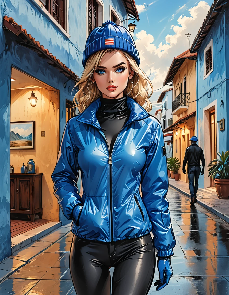 (((girl in Blue zipped up down winter jacket and black turtleneck )) and levis (jeans) and blue gloves and (((blue winter hat)))) walking against the backdrop of a white hotel in the tropics,outside, adult, [Nordic], Hourglass elongated fitness body, perfect Olive skin, Oval Face, Rounded shoulders, perfect hand, (Short blonde Waves pixie hair), snub nose, Arched eyebrows, ((Monolid blue Eyes)), High Round Narrow cheekbones, Dimpled Cheeks, Rounded Chin, Rounded Jawline, Full nude Lips, (blue eyes), Nude Makeup Look, long eyelashes, third breast size, long slim fitness legs, graphic style of novel comics, perfect hands, 2d, 8k, hyperrealism, masterpiece, high resolution, best quality, ultra-detailed, super realistic, Hyperrealistic art, high-quality, ultra high res, highest detailed, lot of details, Extremely high-resolution details, incredibly lifelike, soft cinematic light,
