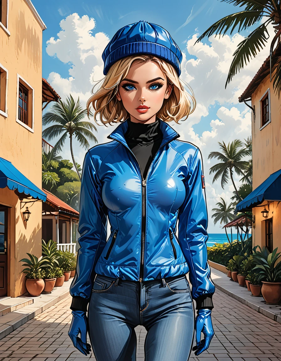 (((girl in Blue zipped up down winter jacket and black turtleneck )) and levis (jeans) and blue gloves and (((blue winter hat)))) walking against the backdrop of a white hotel in the tropics,outside, adult, [Nordic], Hourglass elongated fitness body, perfect Olive skin, Oval Face, Rounded shoulders, perfect hand, (Short blonde Waves pixie hair), snub nose, Arched eyebrows, ((Monolid blue Eyes)), High Round Narrow cheekbones, Dimpled Cheeks, Rounded Chin, Rounded Jawline, Full nude Lips, (blue eyes), Nude Makeup Look, long eyelashes, third breast size, long slim fitness legs, graphic style of novel comics, perfect hands, 2d, 8k, hyperrealism, masterpiece, high resolution, best quality, ultra-detailed, super realistic, Hyperrealistic art, high-quality, ultra high res, highest detailed, lot of details, Extremely high-resolution details, incredibly lifelike, soft cinematic light,