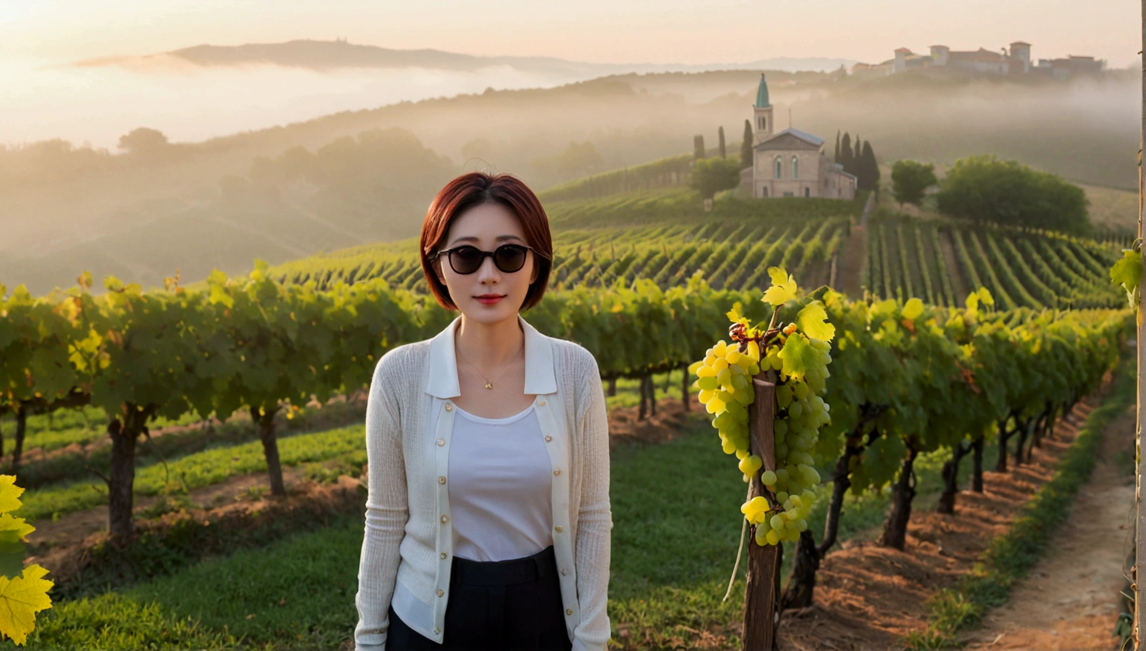 8k realistic, lifelike photo,, 36 year old Korean woman, Short in stature, pretty like a model. front view, White shirt and short cardigan, casual pants, short medium hair, Smiley, Italy. vineyard, thick dawn fog. vineyard 지나 짙은 안개 속으로 저 멀리 성당이 보인다. Full body shot from afar with a wide angle lens , 1 woman, Short in stature, looking at the camera, Excellent picture quality, The morning fog is thick, The picture quality is alive. Full body shot with Canon 16-35 wide angle lens, Wearing black horned sunglasses and looking up to the side, The cathedral is visible in the red morning sunlight., standing on a small path on a hill. grapes not rip