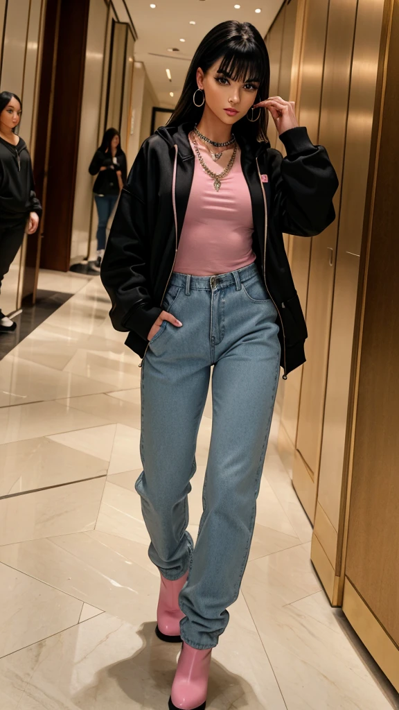 Alisha Lehmann skinny sexy model, black hair with Chinese bangs She is wearing an oversized pink sweatshirt hoodie with big oversized denim jacket street wear tendy wear hands in pockets and big baggy high waist oversized pink sweatpants se has small sexy breasts ankle boots heels sexy skinny thighs,full body view,luxuy hotel lobby hooves earrings, necklace chain,no tattoo walking , big hooves earrings, facing the camera full body view hands in pockets looking at the camera all fingers in the pocket oversized baggy pants hands in pockets all fingers in pockets