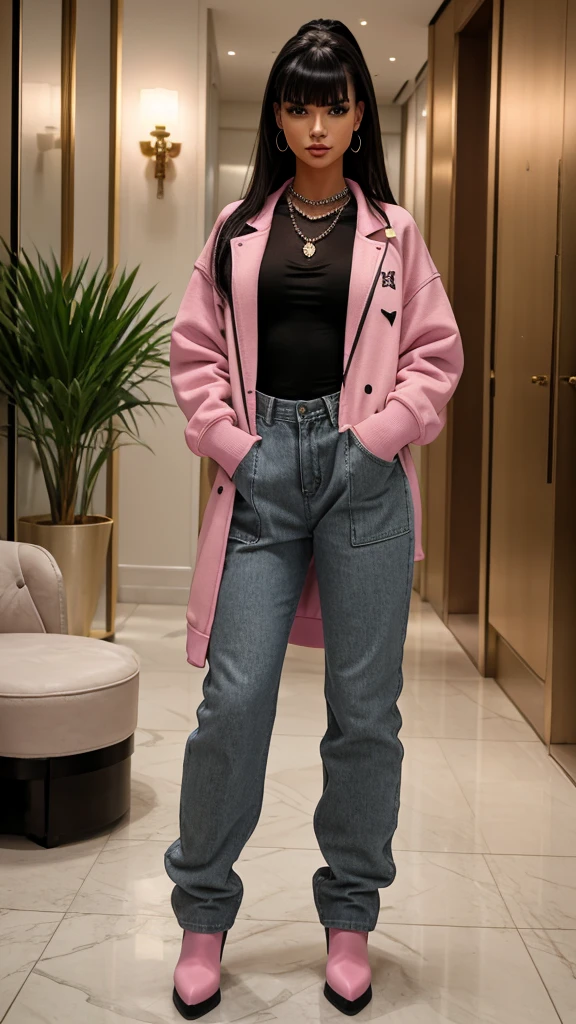 Alisha Lehmann skinny sexy model, black hair with Chinese bangs She is wearing an oversized pink sweatshirt hoodie with big oversized denim jacket street wear tendy wear hands in pockets and big baggy high waist oversized pink sweatpants se has small sexy breasts ankle boots heels sexy skinny thighs,full body view,luxuy hotel lobby hooves earrings, necklace chain,no tattoo walking , big hooves earrings,  facing the camera full body view hands in pockets looking at the camera all fingers in the pocket oversized baggy pants hands in pockets all fingers in pockets