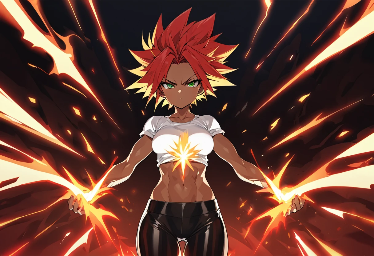 a girl, Saiyan, super saiyan, strong and spiky red hair, green eyes, defined muscles, thin waist, wide hips, dark skin, medium breasts, tight clothes, white t-shirt, black pants, hot red aura around her, heat emanating , generating enormous energies from his hands, with a huge red aura around
