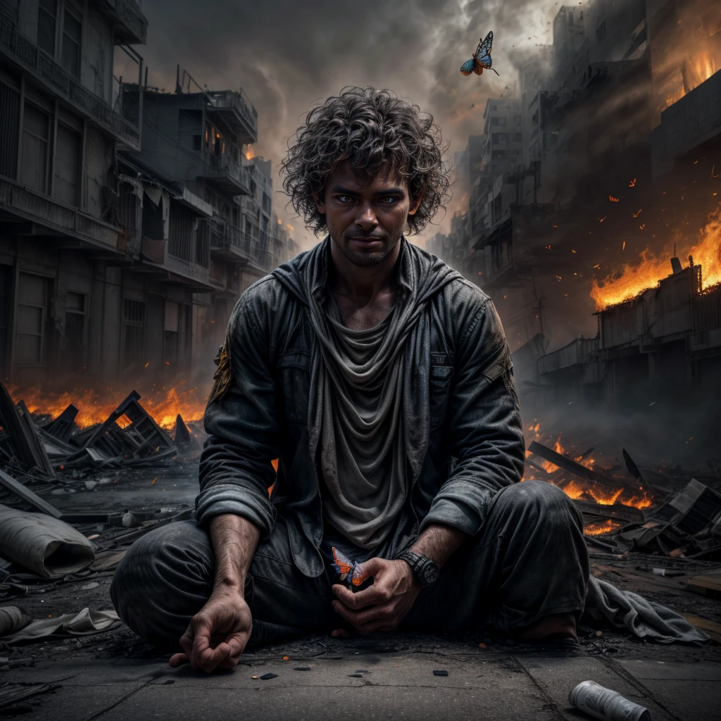 "Ultra-realistic depiction of a , sitting with sorrow, agony, ((dried eye drops, camera focused face)), messy and curl hair, dusty face and cloth,(( a destructed city in background, fire, human corpse on ground, some people are crying, destroyed building)), a fly sits on her forefinger, (((he is looking at the butterfly and a little bit smile))), hyper detailed, dynamic color, black and gray shade, super emotional picture, set against a hauntingly dark backdrop and surrounded by swirling dark smoke. The image should be in a captivating 16:9 format."