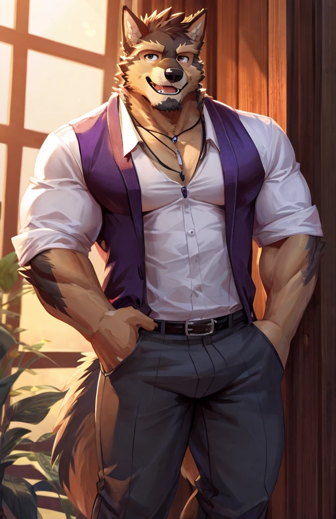 solo, pubraseer, furry german sheperd dog, muscular body, handsome, Smiling, mouth open, (holding glassess), cool pose, casual shirt, casual pants.