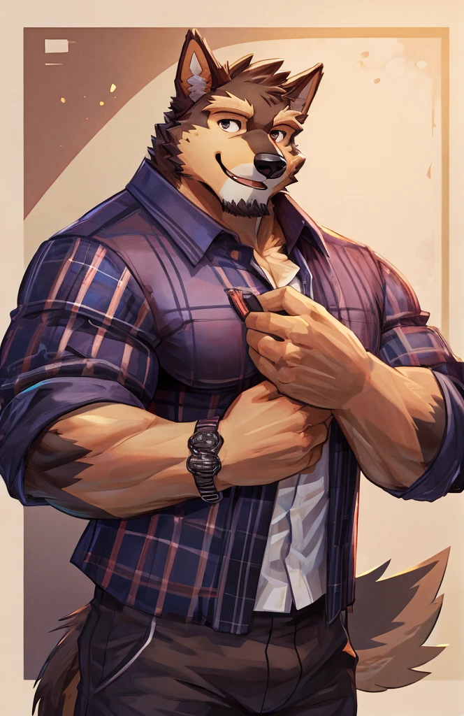 solo, pubraseer, furry german sheperd dog, muscular body, handsome, Smiling, mouth open, (holding glassess), cool pose, casual shirt, casual pants.