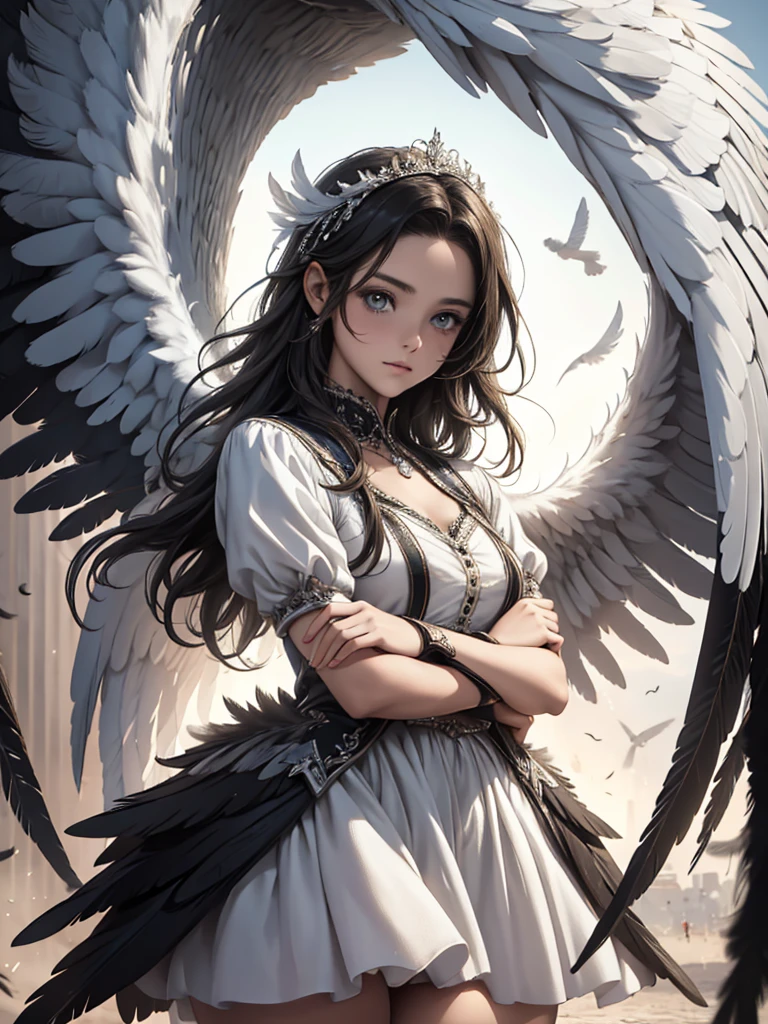 masterpiece, Angel Girl, young，，Brunette with wings, White dress with feathers, Close-up portrait, Delicate face, Lots of black feathers, silver，Black Wings