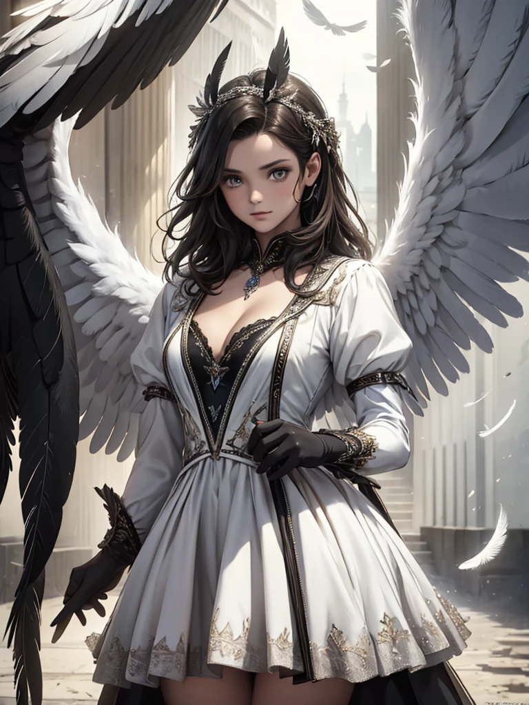 masterpiece, Angel Girl, young,12 years old,Brunette with wings, White dress with feathers, Close-up portrait, Delicate face, Lots of black feathers, silver,Black Wings