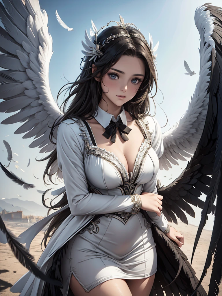 masterpiece, Angel Girl, young，12 years old，Brunette with wings, White dress with feathers, Close-up portrait, Delicate face, Lots of black feathers, silver，Black Wings