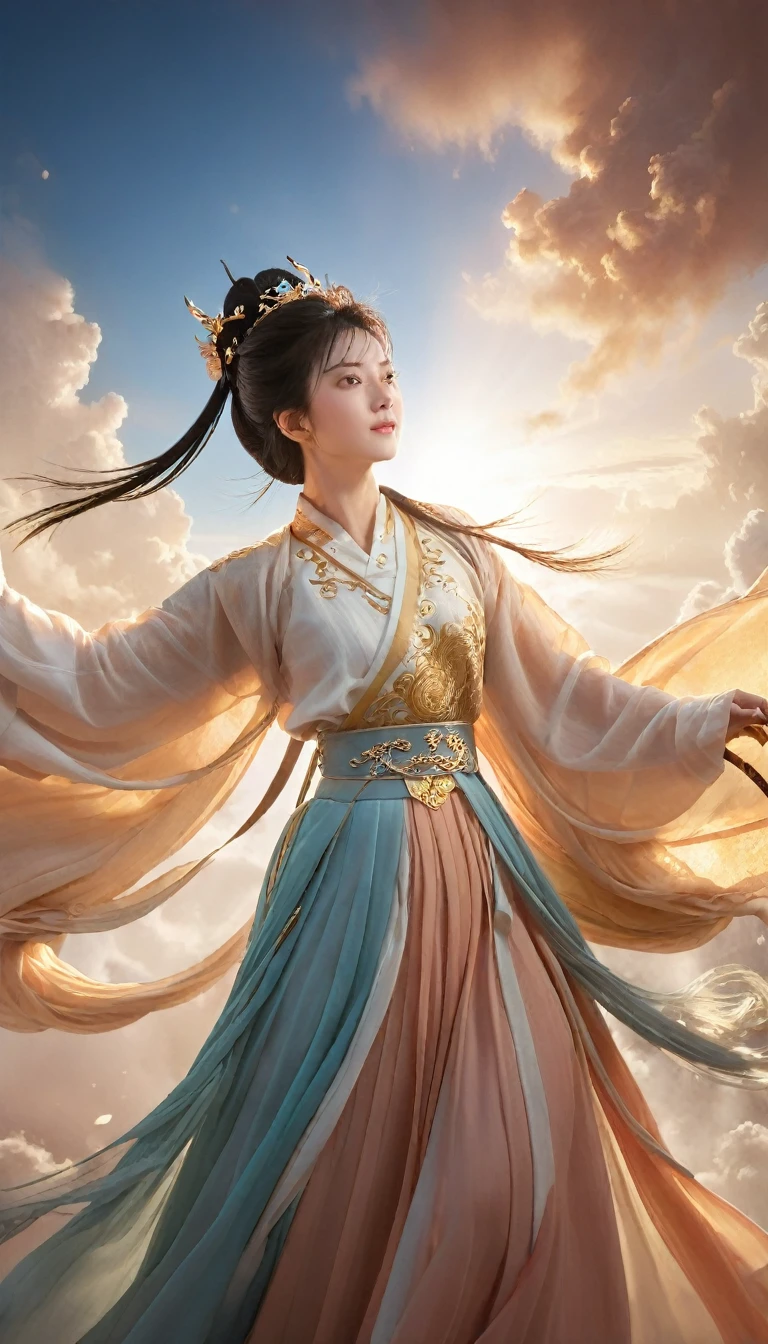 Chinese style illustration, chinese clothes, hanfu,A female hero wields two swords, surrounded by clouds and mist. She steps on the auspicious clouds and rides on the clouds., A strong light shines behind her back, ,chinese clothes, hanfu, detailed , splendid, golden light, Extraordinary momentum , majestic, Magnificent, shining, surrealistic portrait, fantasy atmosphere ,(intricate details, hyperdetailed:1.3),  motion blur,  (Glowing ambiance, enchanting radiance, luminous lighting, ethereal atmosphere, mesmerizing glow, evocative hues, captivating coloration, dramatic lighting, enchanting aura), guofeng, Chinese style,official art,extremely detailed CG unity 8k wallpaper,
