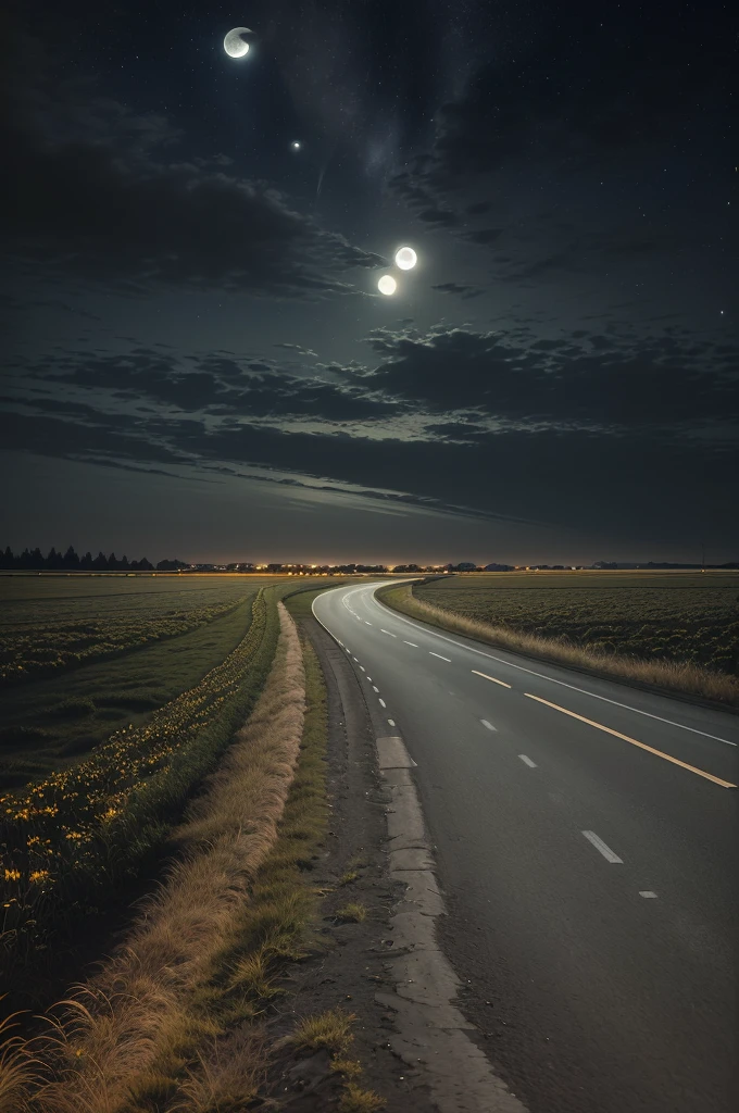 there is a road that is next to a field with a full moon, street moon landscape, night photography, night time photography, night time photograph, photography at night, scenic view at night, night scenery, night sky photography, night time footage, night photo, at night with moon light, moonlit night dreamy atmosphere, nighttime photography, walking towards the full moon