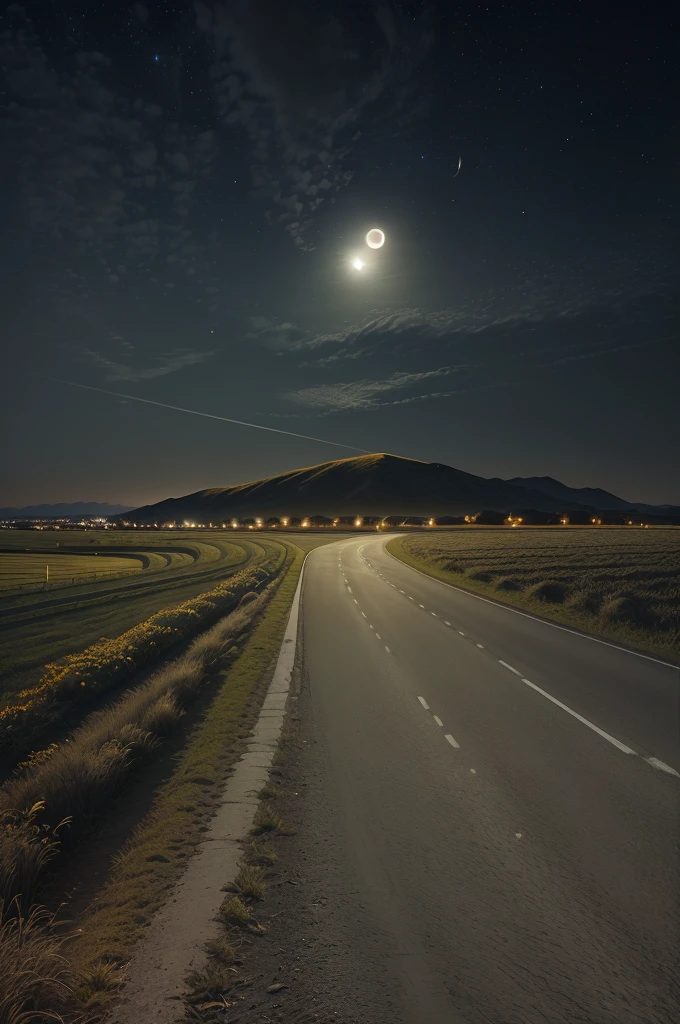 there is a road that is next to a field with a full moon, street moon landscape, night photography, night time photography, night time photograph, photography at night, scenic view at night, night scenery, night sky photography, night time footage, night photo, at night with moon light, moonlit night dreamy atmosphere, nighttime photography, walking towards the full moon