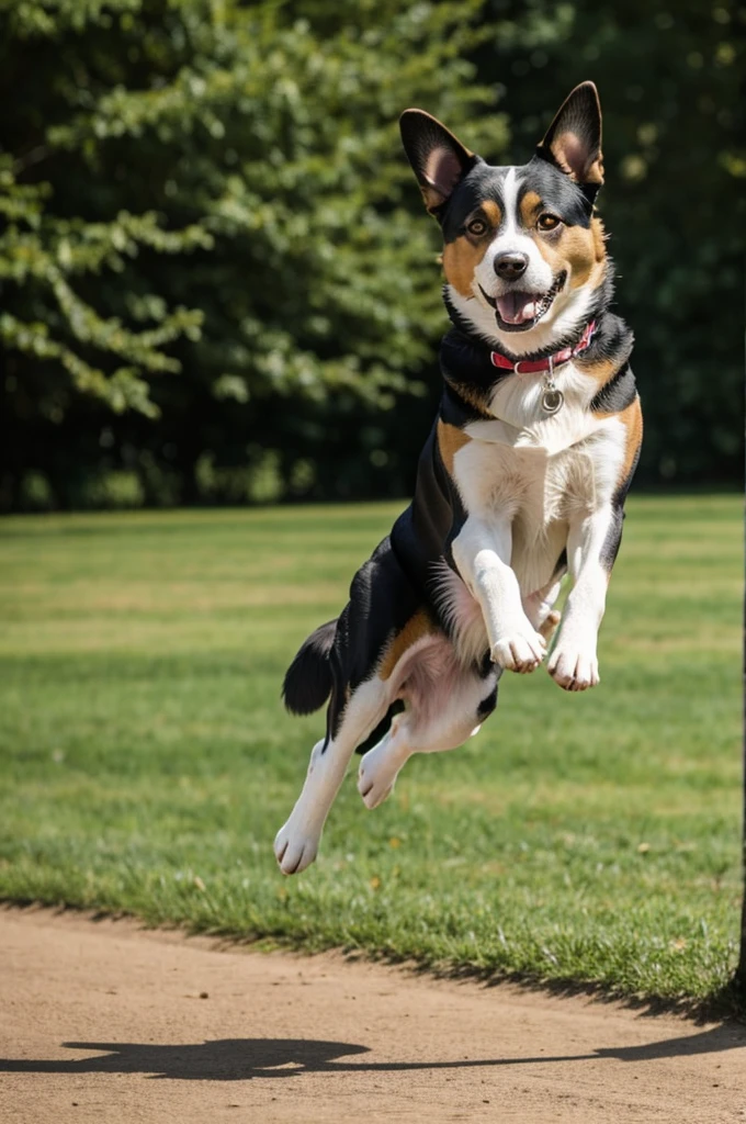 there is a dog that is jumping in the air to catch a ball, canines sports photo, leaping towards viewer, ( dog ) jumps over hill, leaping into the air, midair, dog jumps over hill, horizontally leaping!!!, jumping for joy, leaping, border collie, jumping towards viewer, flying through the air, in an action pose