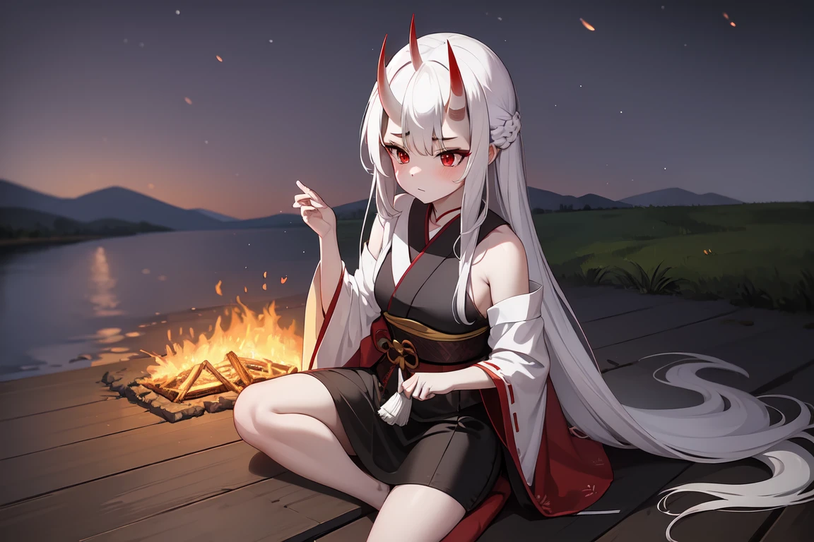 1girl, white hairs, red eyes, white kimono, black armor parts, long hair, Oni horns, katana, lake, night, campfire, sitting on ground,