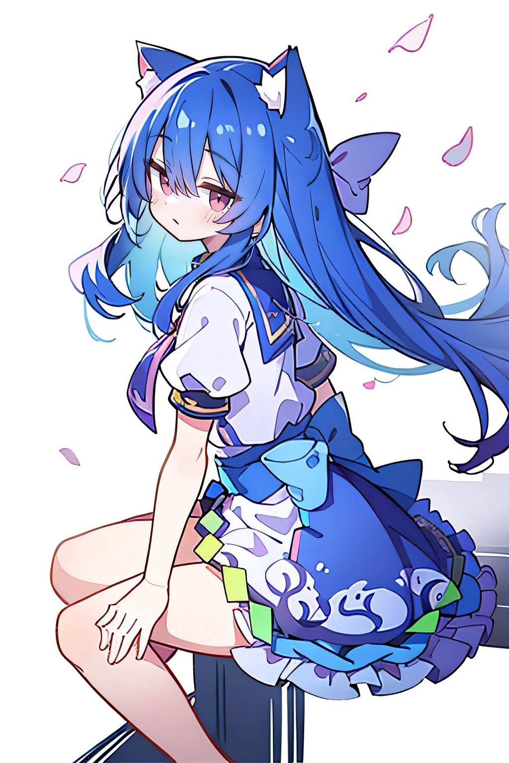 (masterpiece:1.2),Super detailed,lifelike,Expressive eyes,fair skin,perfect face shape,1 girl,
Japanese comics,Gorgeous blue hair,flowing blue hair,flowing clothes,Cat ears,Petals fall,beautiful lola,Baby Angel,
Shaking head with one hand,Cross your legs,,The pavilion is cool and comfortable,smile,back views,sunrise,Petals fall