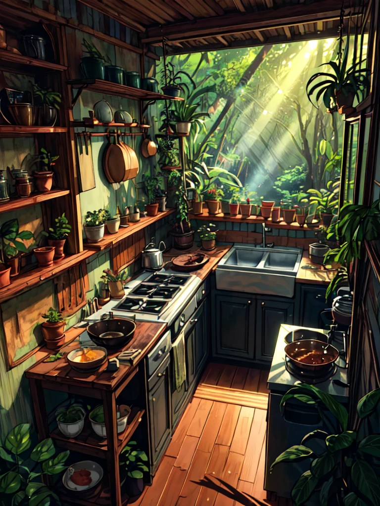 super wide perspective, an indoor view of beautiful indo kitchen, forest visible from window, ghibli anime scene, pots with tropical leafy plants, shelf, organiser, sunrays falling on table, utensils, refrigerator, shadows, cinematic color tones, subtle light, vibrant color tones, ghibli style, no humans, scenery, masterpiece, high resolution 