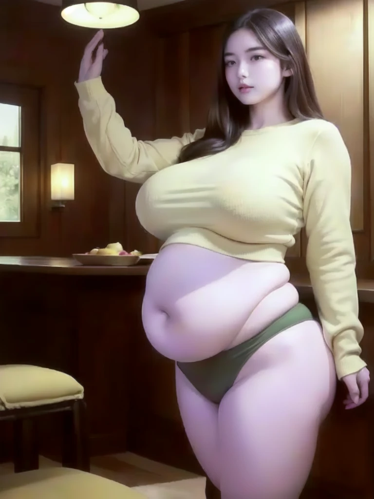 il y a une femme en chemise blanche et culotte noire qui pose, she has a round and big belly, thick, bbwchan, her belly is big and round, sultry body with sexy belly, attractive plus size model, her navel is exposed, hyperrealistic complete figure, corps thick, large stomach, curved model