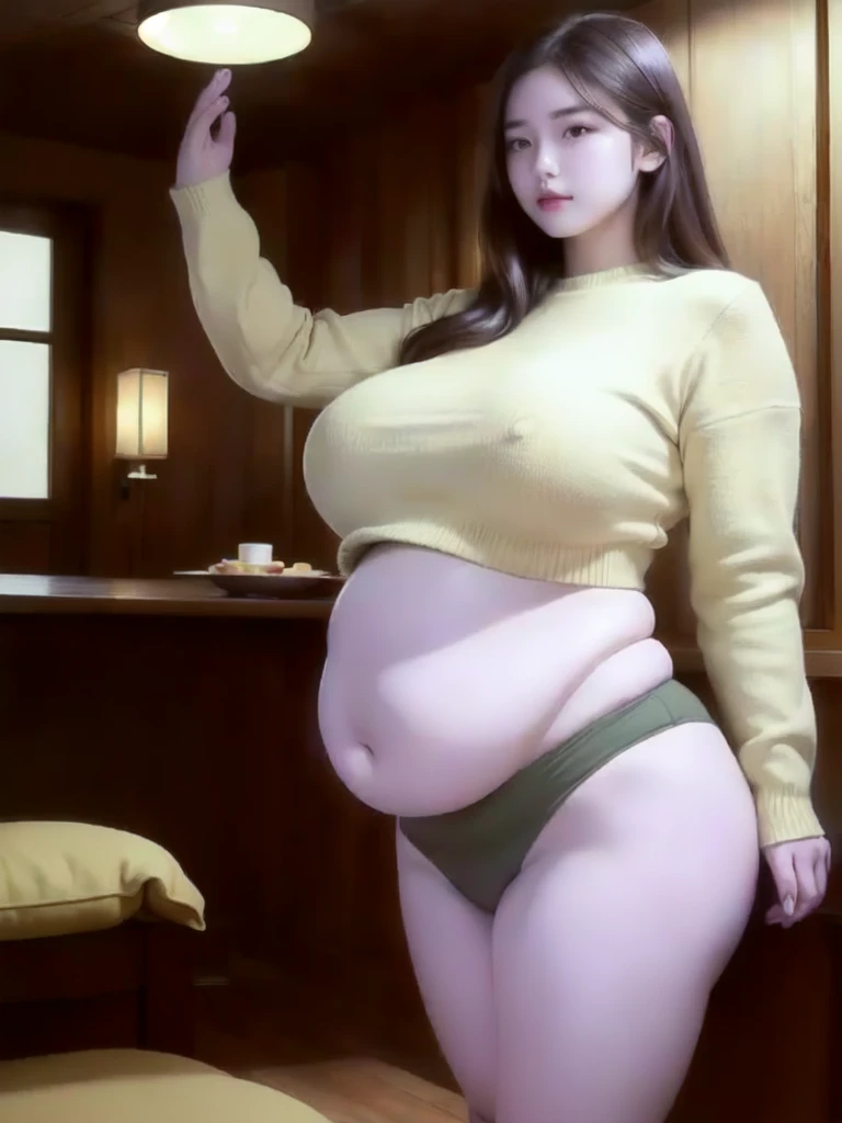 il y a une femme en chemise blanche et culotte noire qui pose, she has a round and big belly, thick, bbwchan, her belly is big and round, sultry body with sexy belly, attractive plus size model, her navel is exposed, hyperrealistic complete figure, corps thick, large stomach, curved model