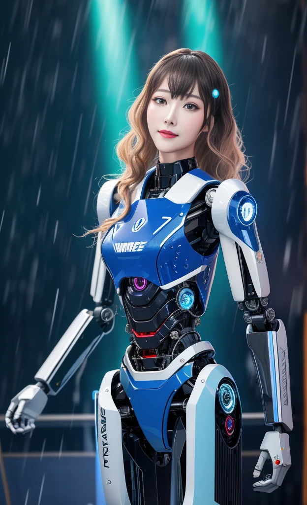 actual,photoactual,masterpiece,best quality,1 female robot，Beautiful female robot),looking at the audience,{{masterpiece}},Flat 胸部best quality},alone,beautiful clear face(Rain waves_haneame：1.5)